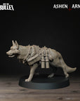 a statue of a dog with a harness on