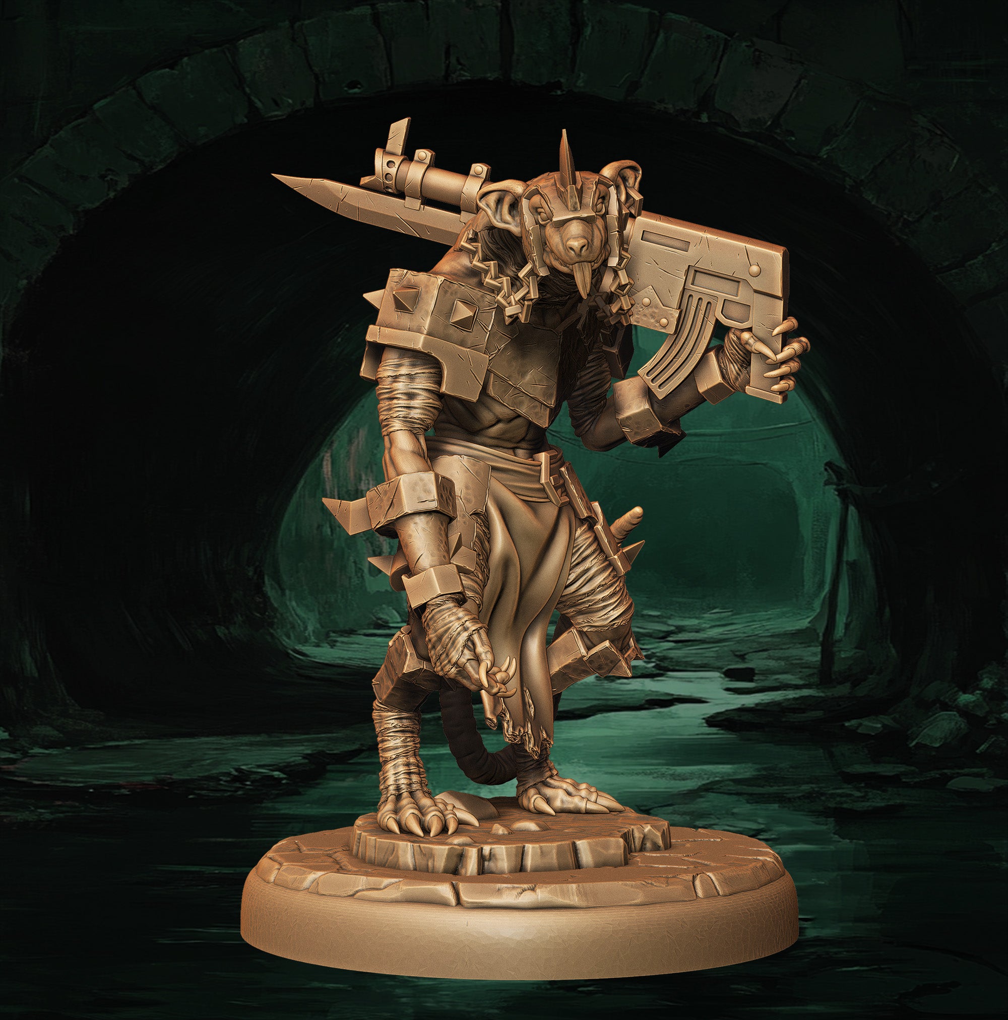 a statue of a creature with a gun in its hand