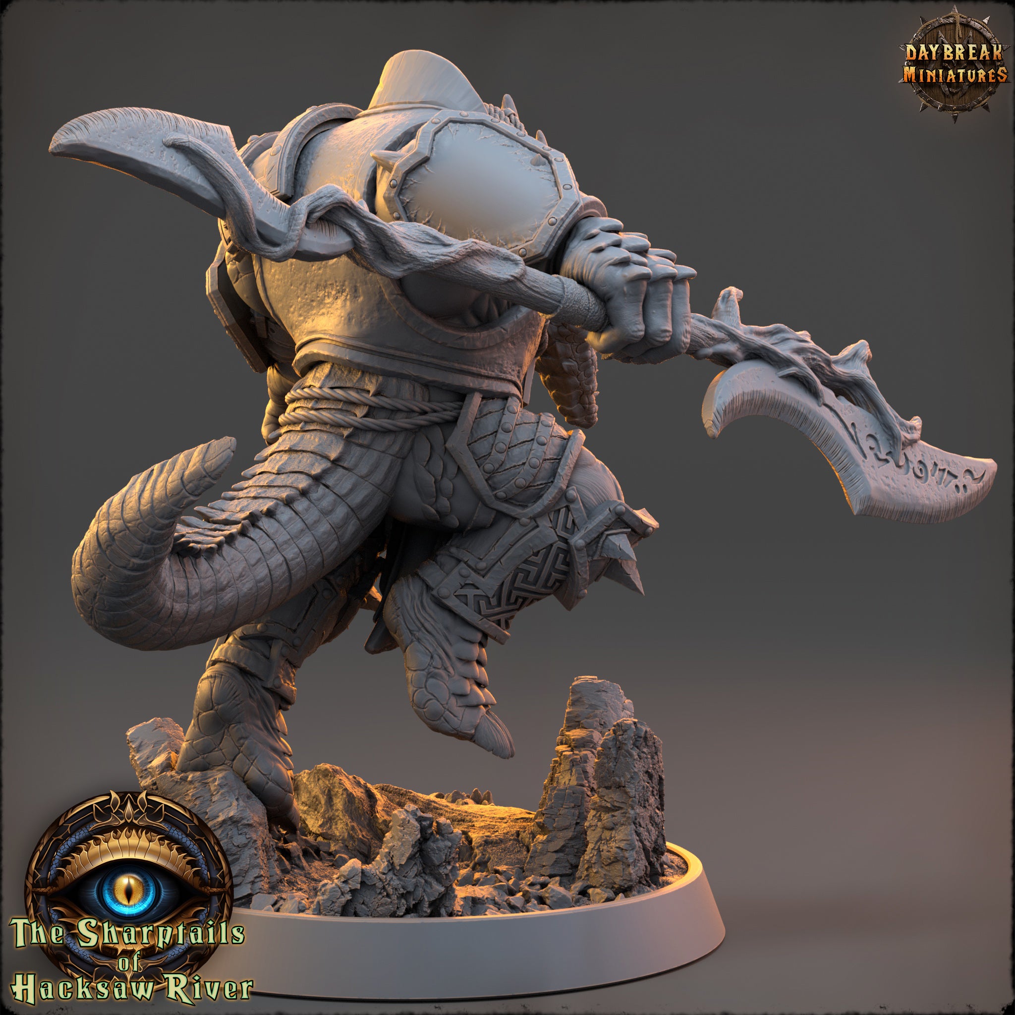 A detailed 3D model of a warrior figure, likely from a fantasy or science fiction game, with intricate armor and weapons.