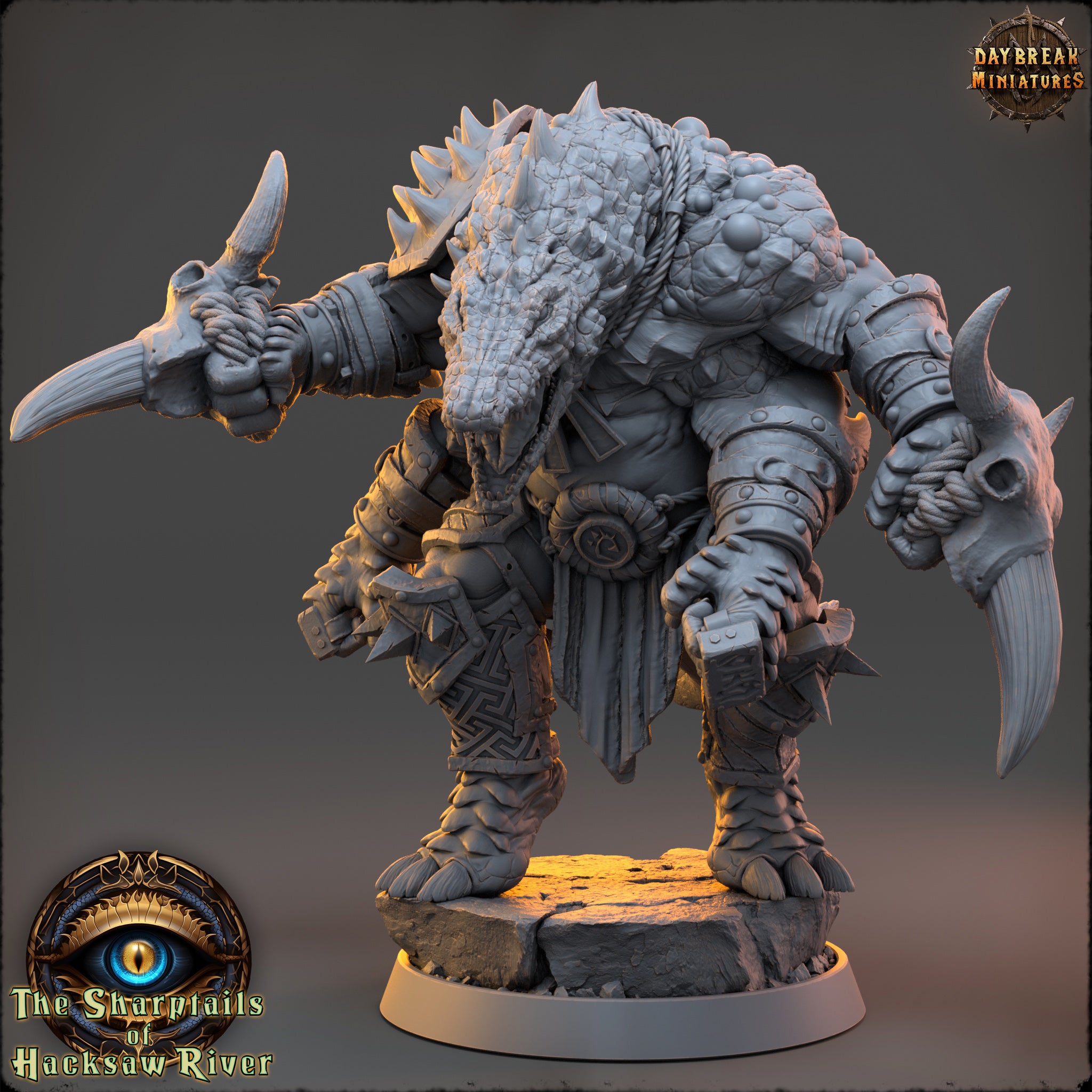 A detailed 3D model of a fierce-looking creature with sharp teeth and claws, standing on a rock formation. The creature appears to be a mythical or fantastical being, possibly a dragon or serpent.