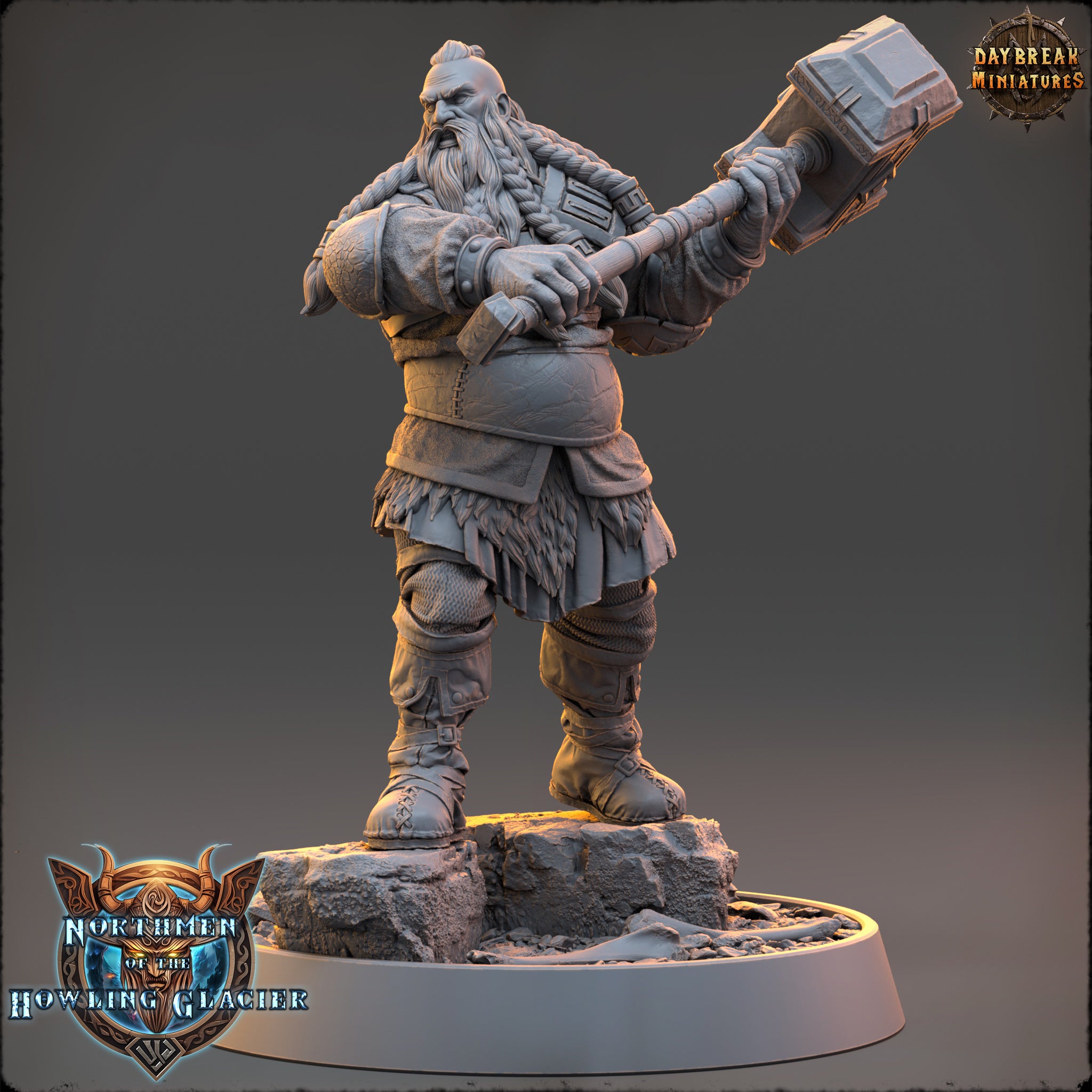 A 3D model of a dwarf warrior figure holding a large hammer, standing on a rocky base.