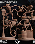 a set of four figurines of monkeys on a lamp post