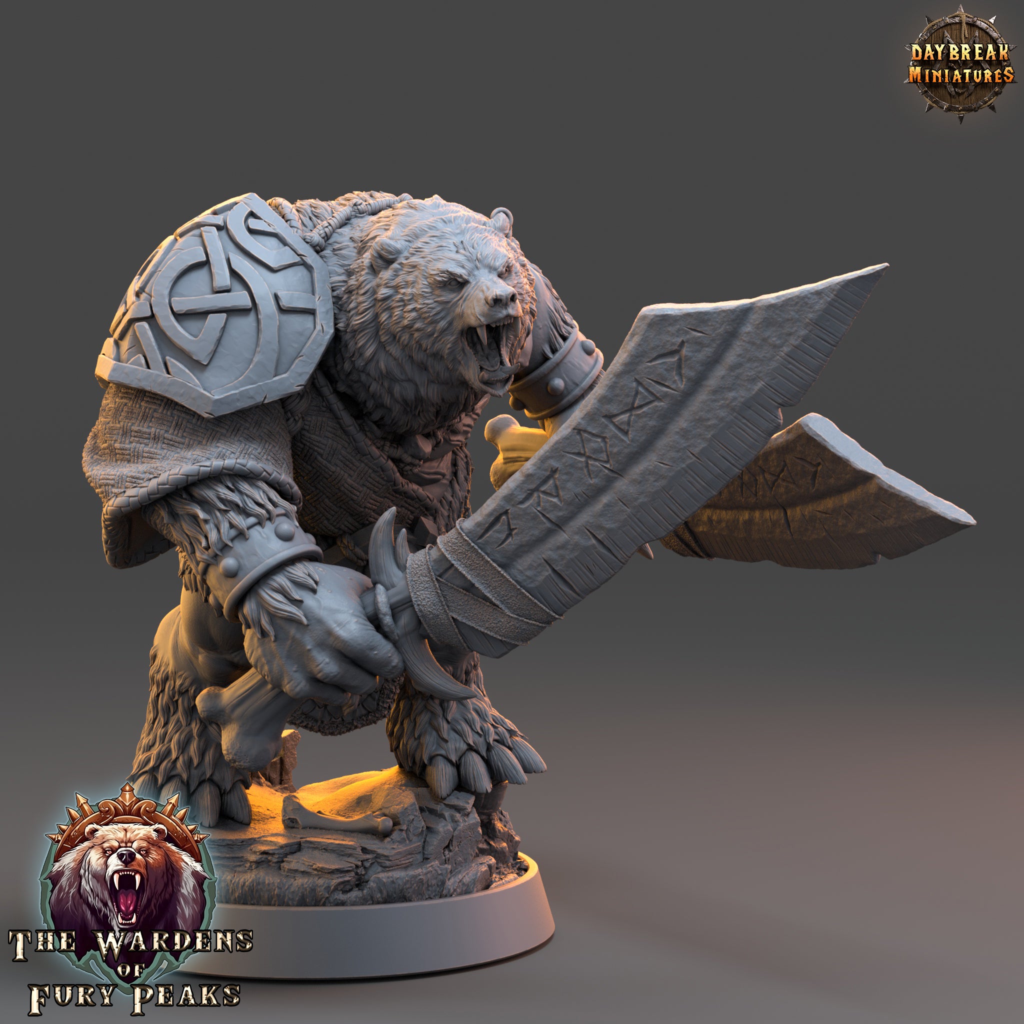 A 3D rendering of a fierce-looking bear wielding a large sword, with the text "The Wardens of Fury Peaks" visible in the image.