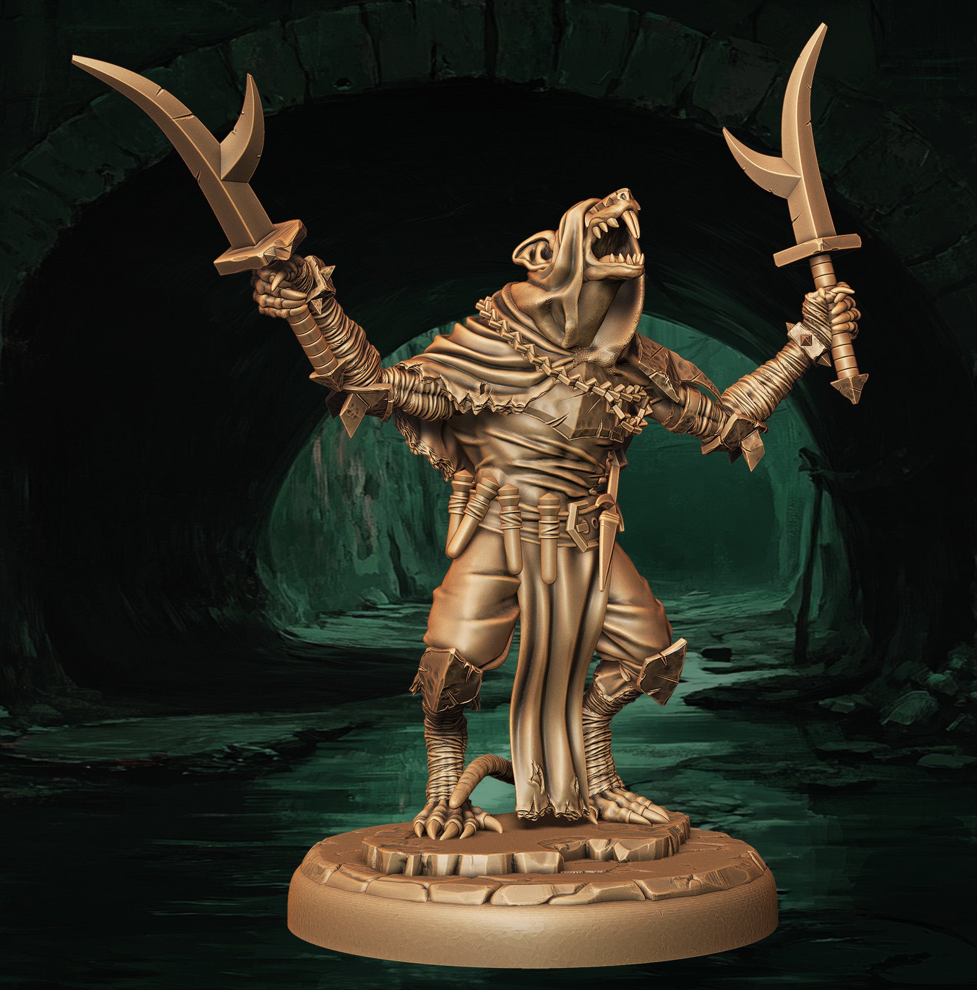a statue of a creature with two swords