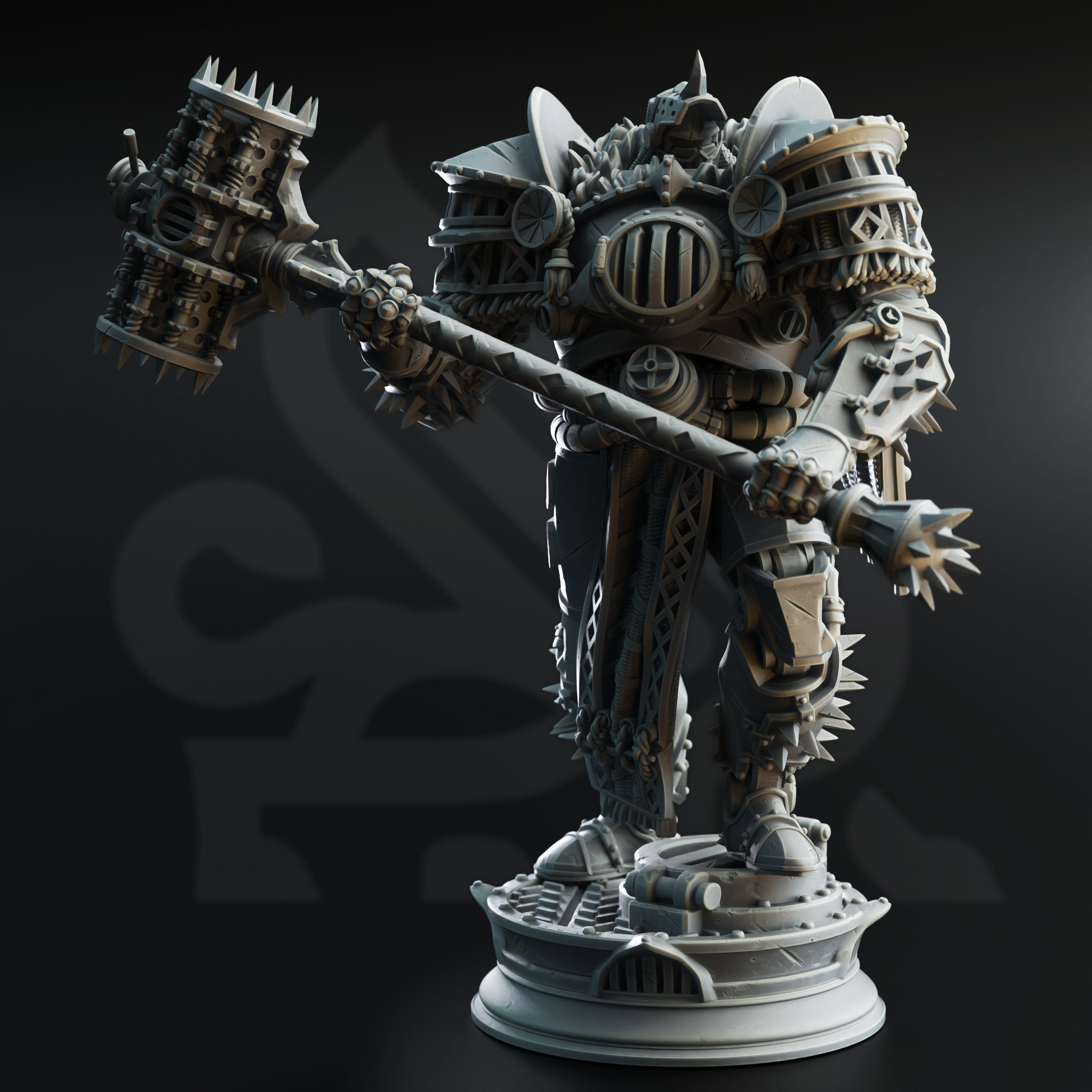 A detailed 3D rendering of a heavily armored and armed warrior figure, wielding a large hammer-like weapon.