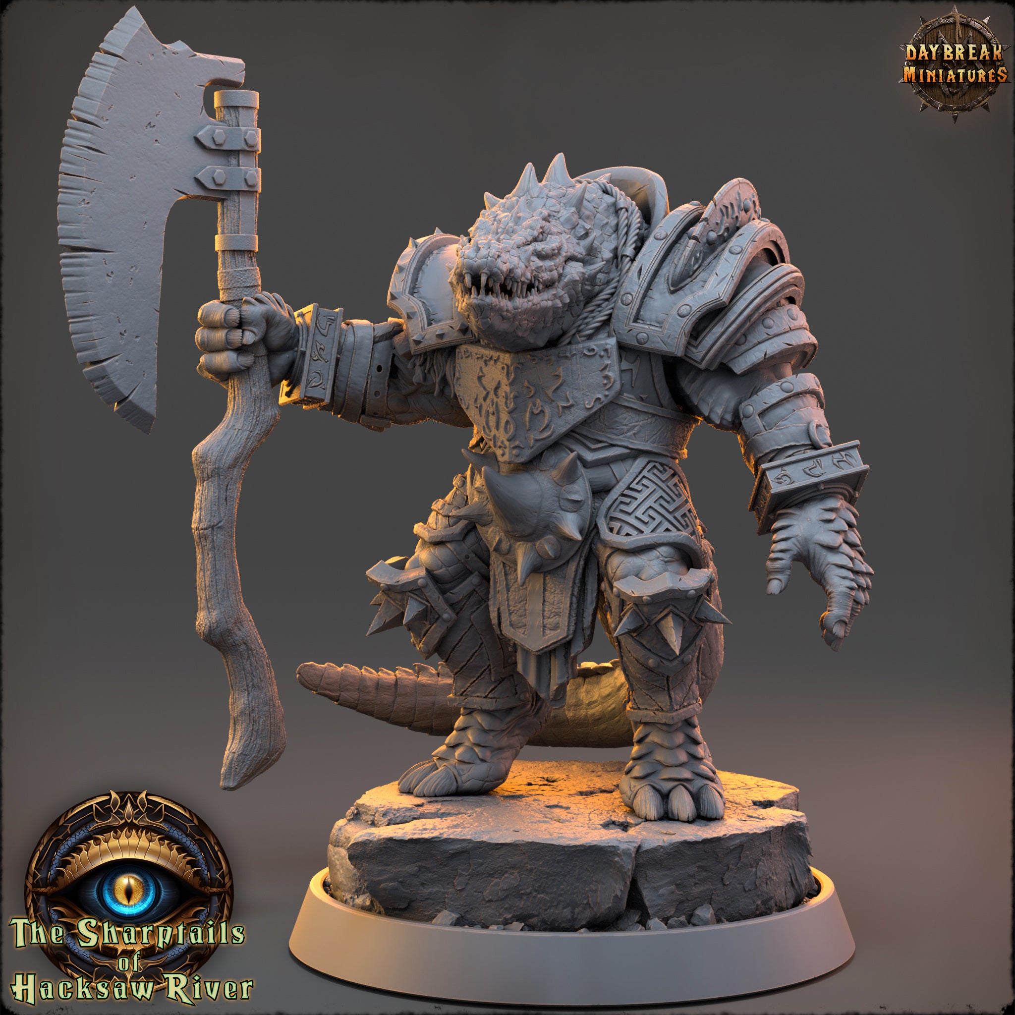 A detailed 3D model of a fantastical creature, possibly a dragon or serpent, holding a large weapon and standing on a rock formation. The creature is wearing ornate armor and has a fierce expression.