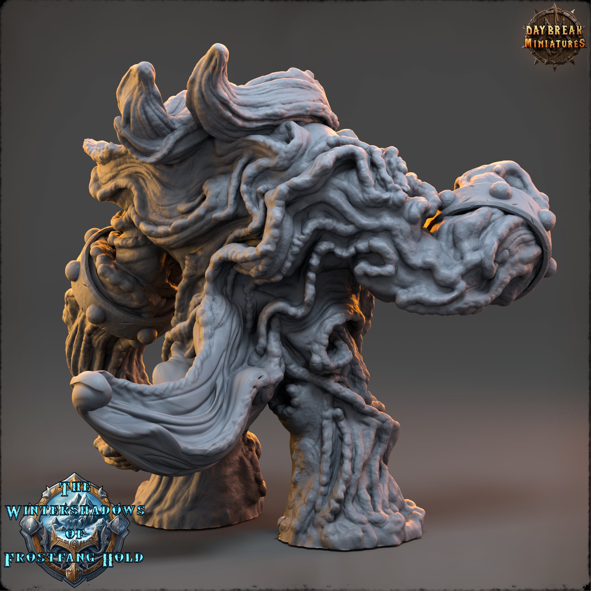 The image is a 3D rendering of a fantastical creature, possibly a dragon or a mythical being, with intricate and detailed textures and patterns. The creature appears to be made of a material that resembles stone or concrete, giving it a sculptural and organic appearance. The creature is standing on two legs, with a long tail extending from its body. The image does not contain any text or other discernible objects, and the creature is the sole focus of the image.
