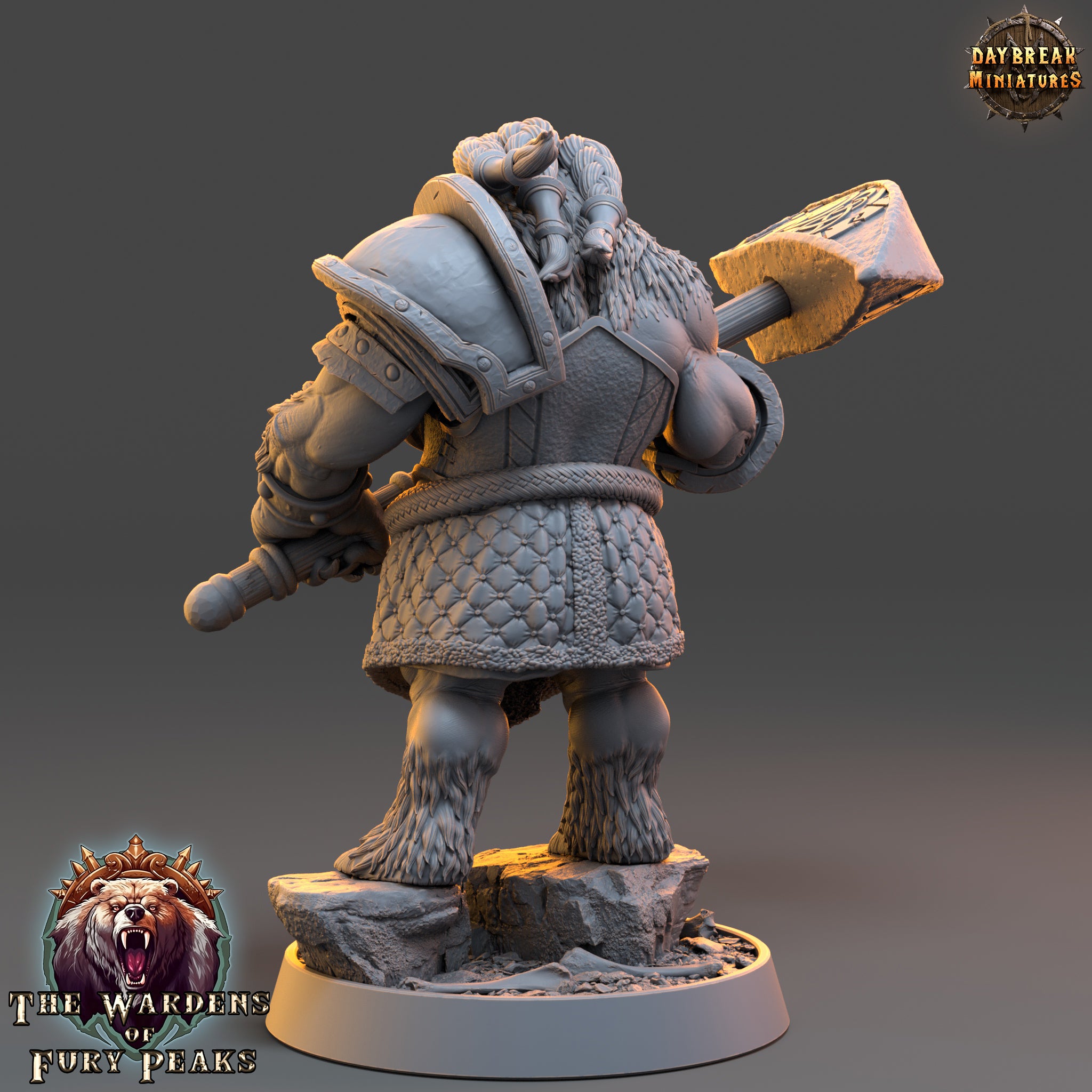 A 3D rendering of a heavily armored and battle-ready dwarf figure, likely from a fantasy or adventure game. The figure is holding a large hammer and appears to be ready for combat or combat training.