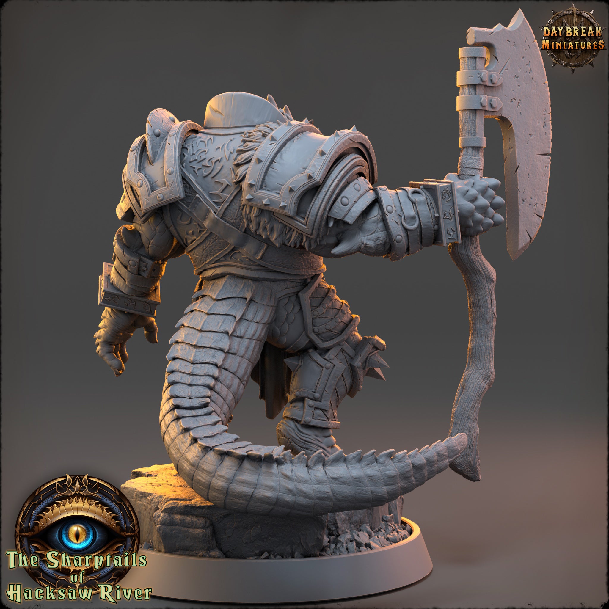 A detailed 3D model of a armored warrior figure, holding a large weapon, with intricate armor and a long tail. The image appears to be a sculpture or statue, and it is set against a dark background.