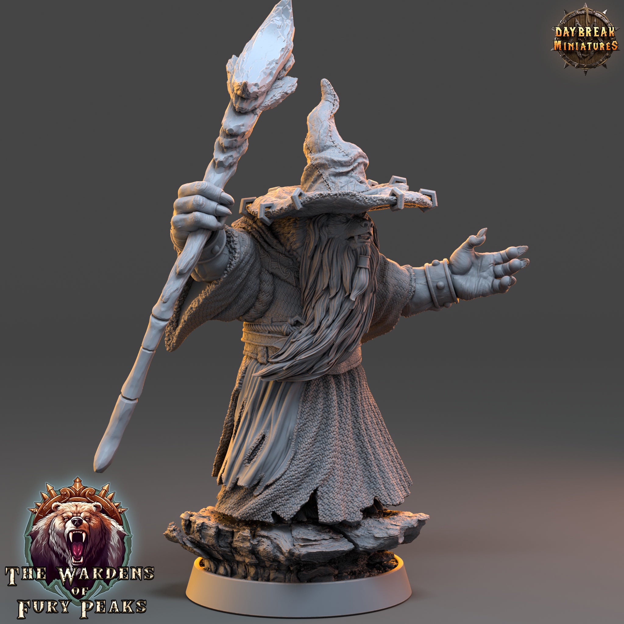 A 3D rendering of a wizard-like character holding a staff and standing on a rock, with the text "The Wardens of Fear" and "Daybreak Miniatures" visible in the image.