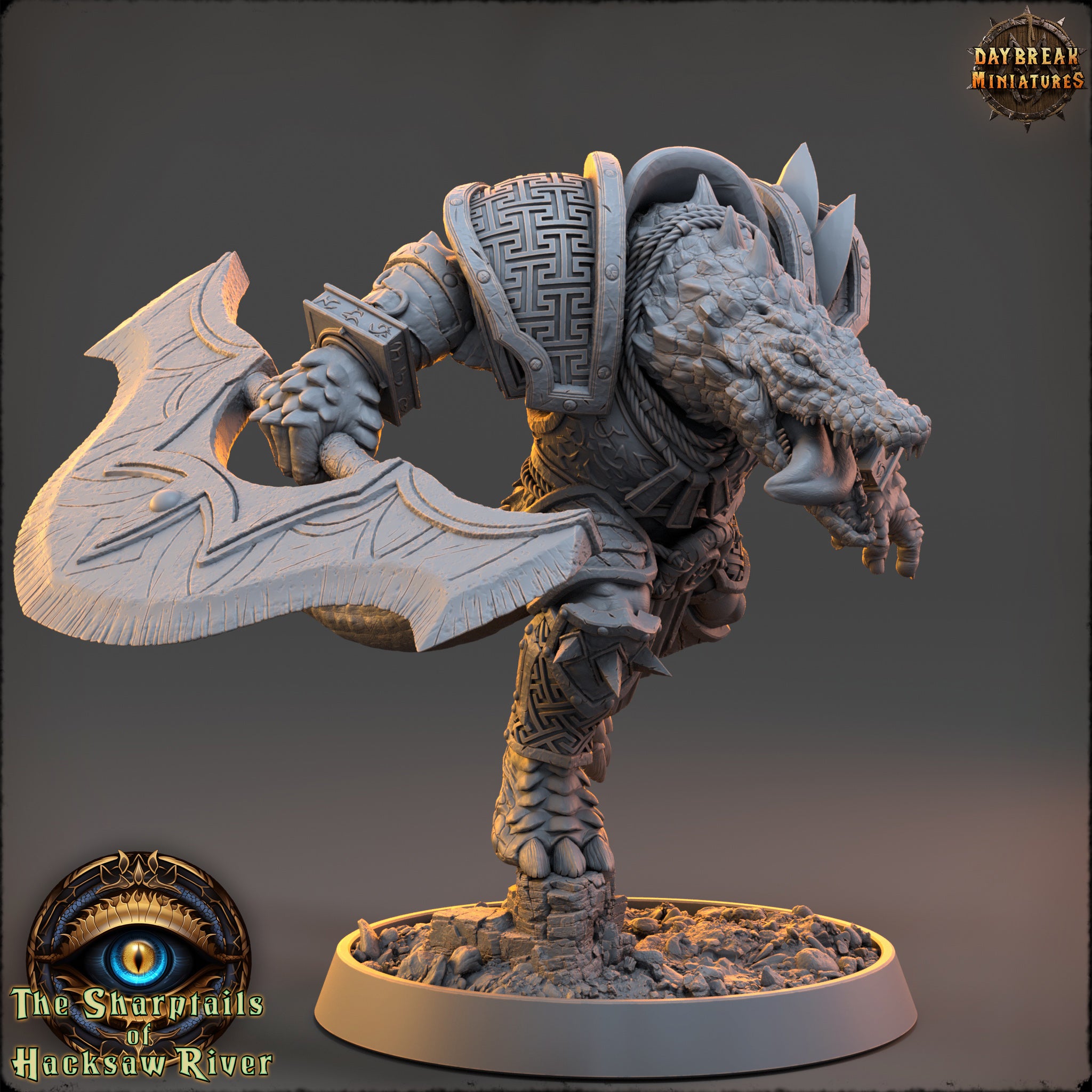 A detailed 3D model of a fierce-looking creature, possibly a mythical or fantastical animal, with a large weapon in its hands. The creature appears to be a combination of a dragon, wolf, or serpent, and is standing on a platform or base. The image is described as a "daybreak miniatures" and is part of the "The Shrumptails of Hacksaw River" series.