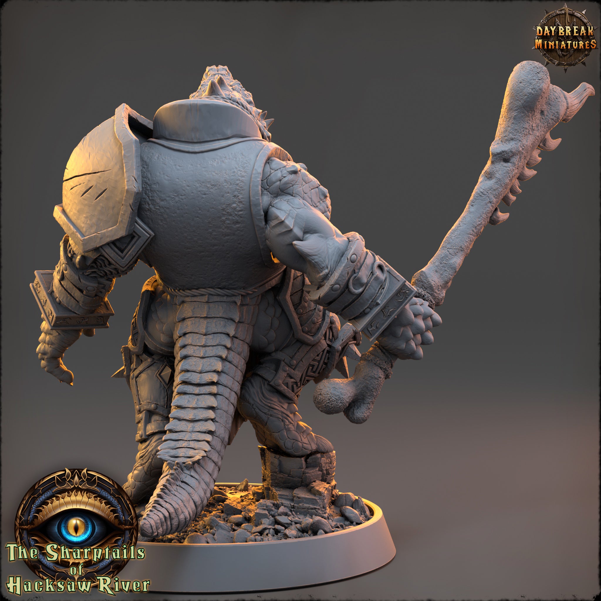 A detailed 3D model of a fantasy creature, possibly a dragon or serpent, with intricate armor and weapons. The creature is standing on a base and appears to be ready for battle or action.