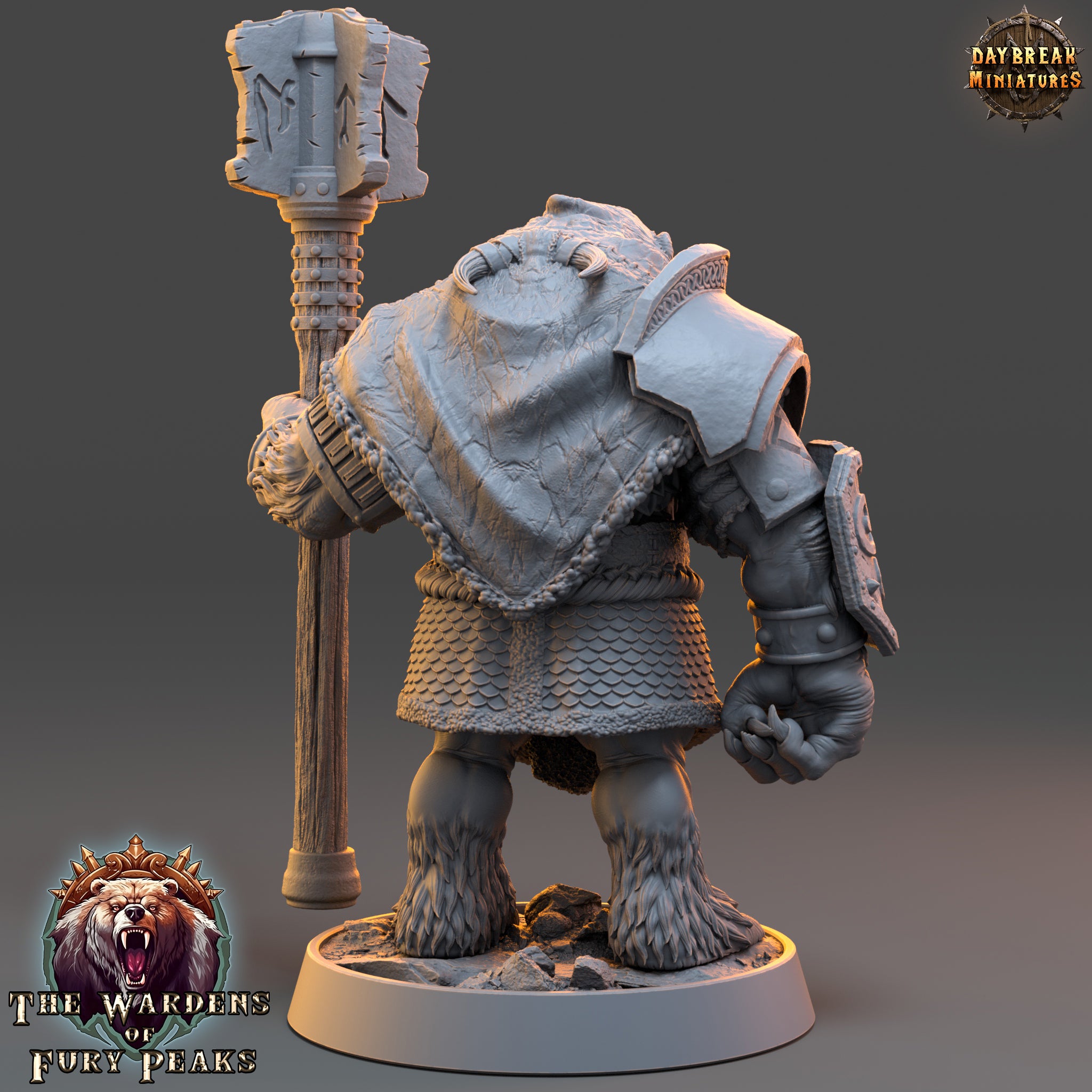 A 3D rendering of a fantasy character, likely a monster or dragon, holding a large hammer or club and standing on a platform. The character is wearing a cape and armor, and the background appears to be a dark, moody color.