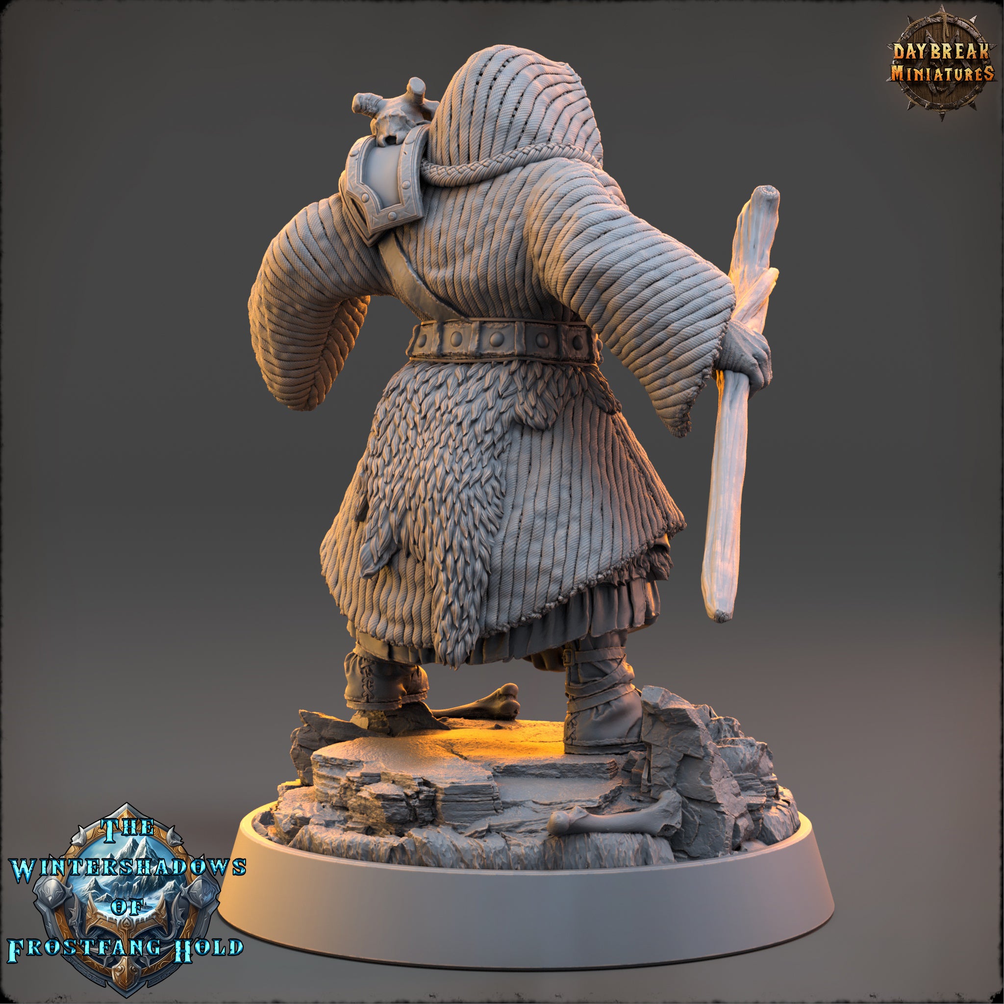 A 3D rendering of a fantasy character, possibly a dragon or mythical creature, standing on a rocky base and holding a staff or staff-like object.