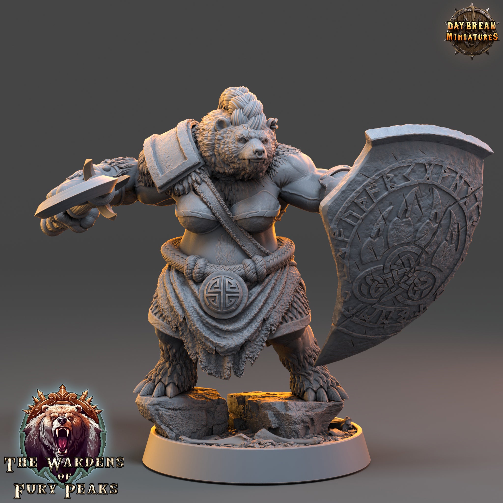 A 3D model of a female warrior figure, wearing a fur-trimmed outfit and wielding a shield with a symbol on it.