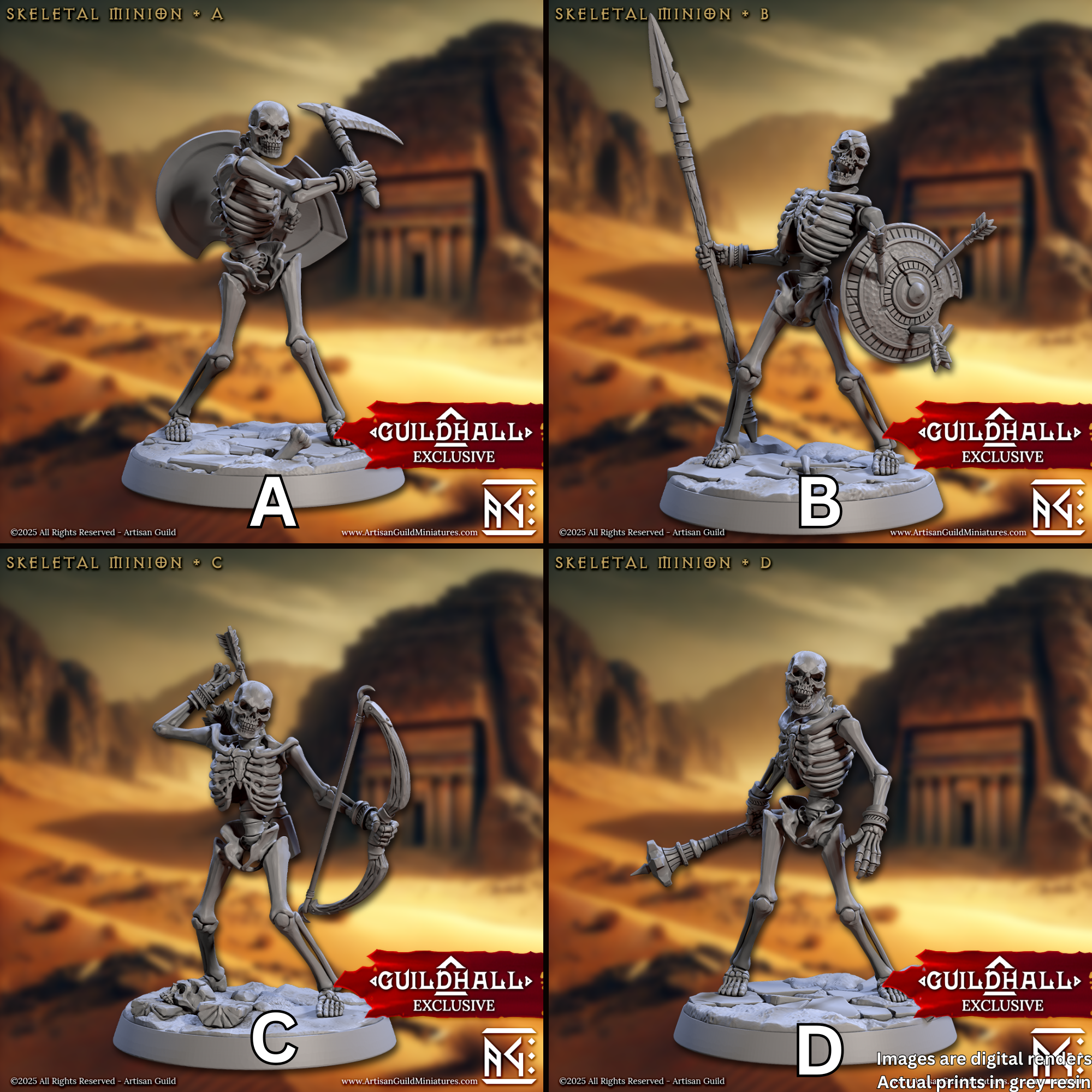 four pictures of a skeleton with a spear and shield