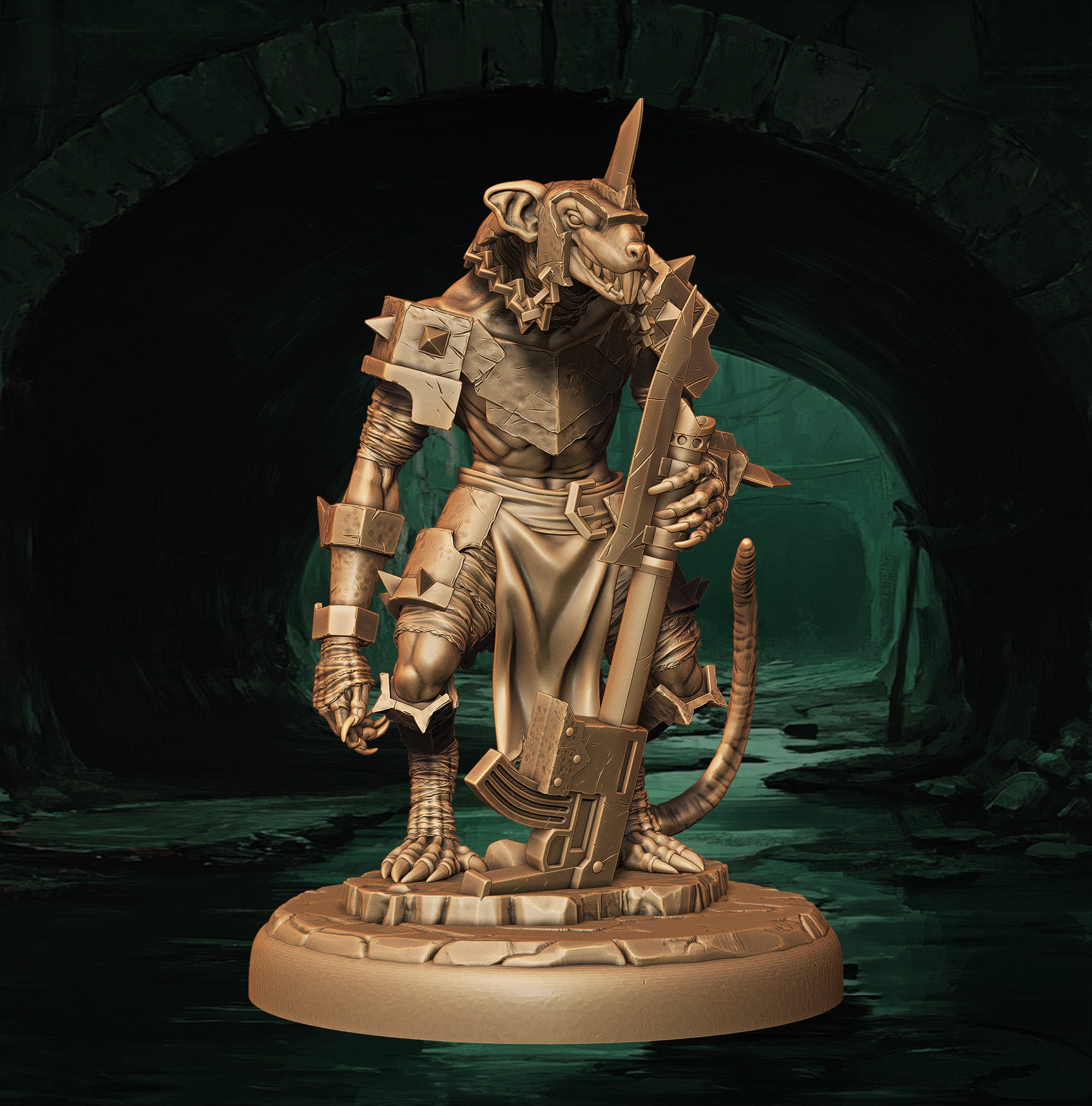 a statue of a creature holding a gun