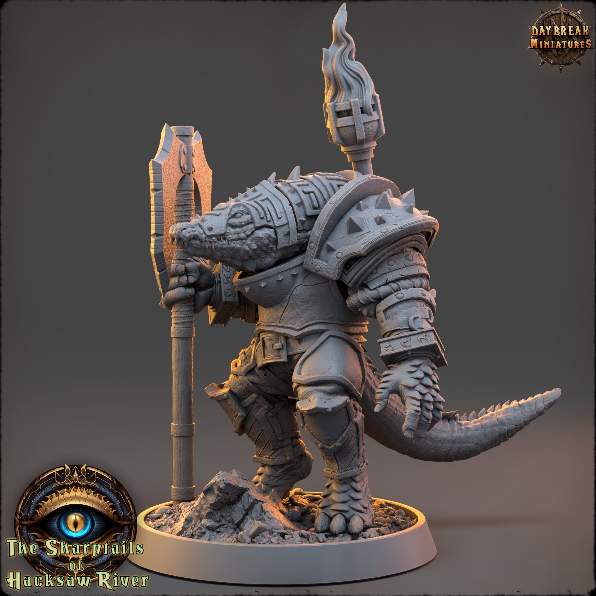 A detailed 3D model of a fierce-looking creature, possibly a mythical or fantastical being, standing on a base and holding a weapon.
