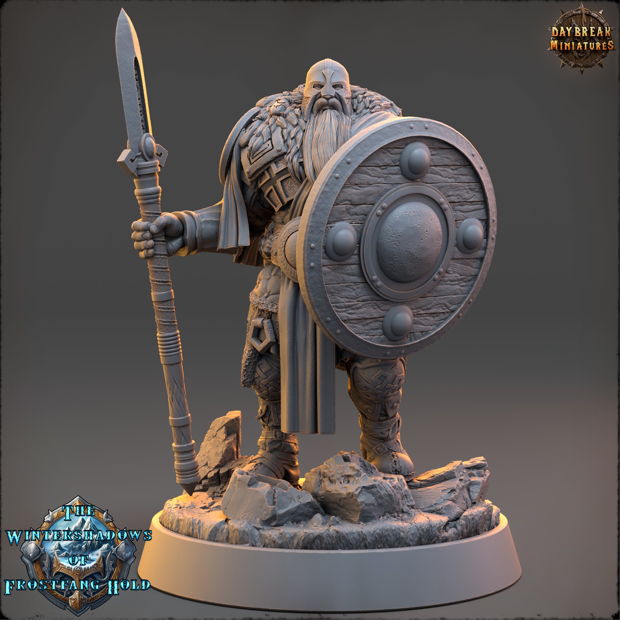 A detailed 3D model of a dwarf warrior standing on a rocky base, holding a shield and a spear.