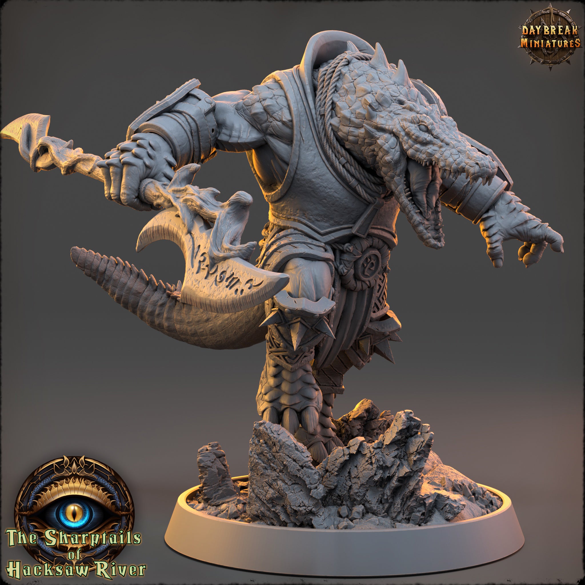 A detailed 3D model of a fierce-looking creature, possibly a dragon or serpent, with sharp teeth and claws, standing on a rocky base and holding a large weapon.