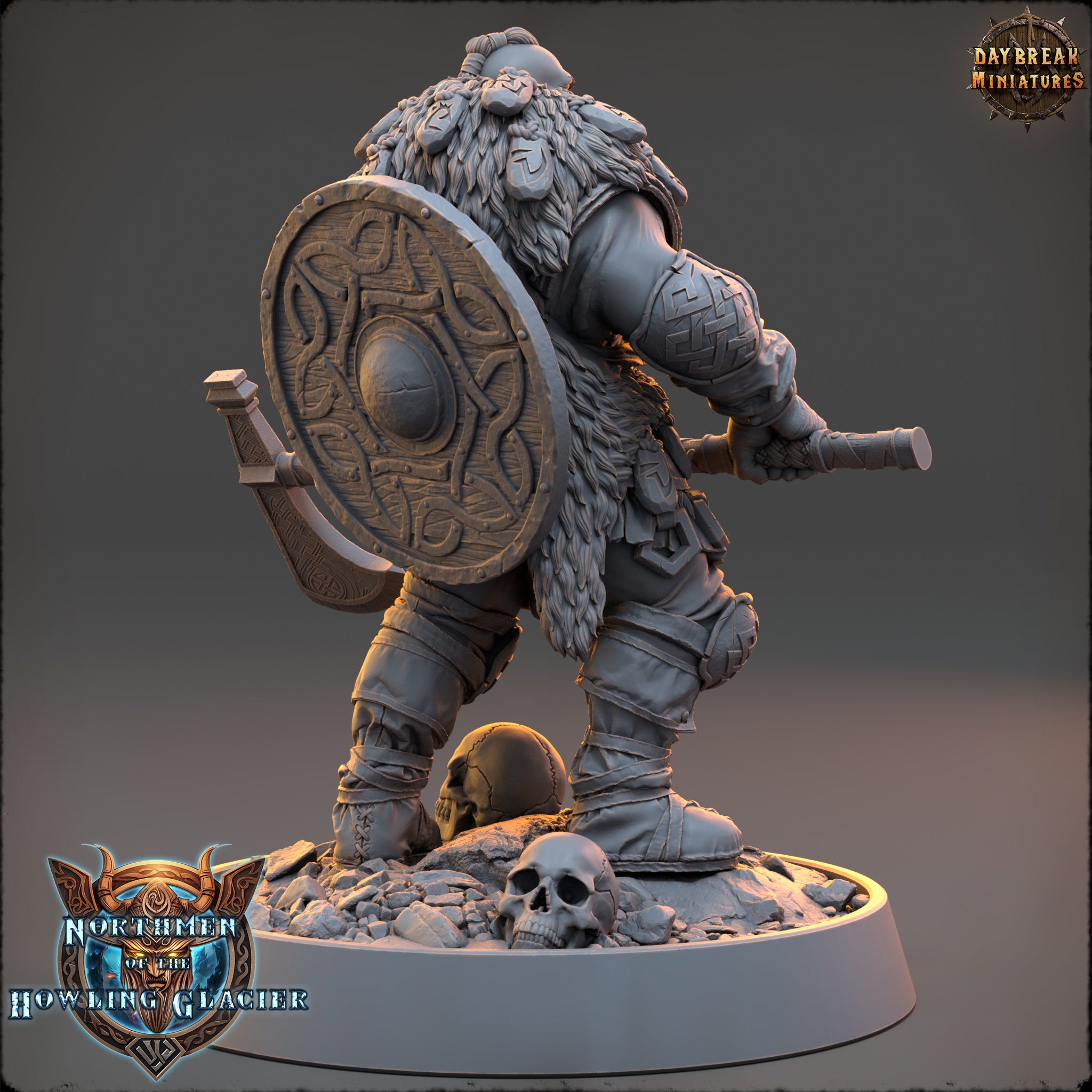 A detailed 3D model of a fantasy character, likely a dwarf or gnome, standing on a base with a skull and other objects. The character is wearing a helmet and armor, and is holding a shield. The image is described as a collage of multiple images, and it is not a single image but a collection of images.