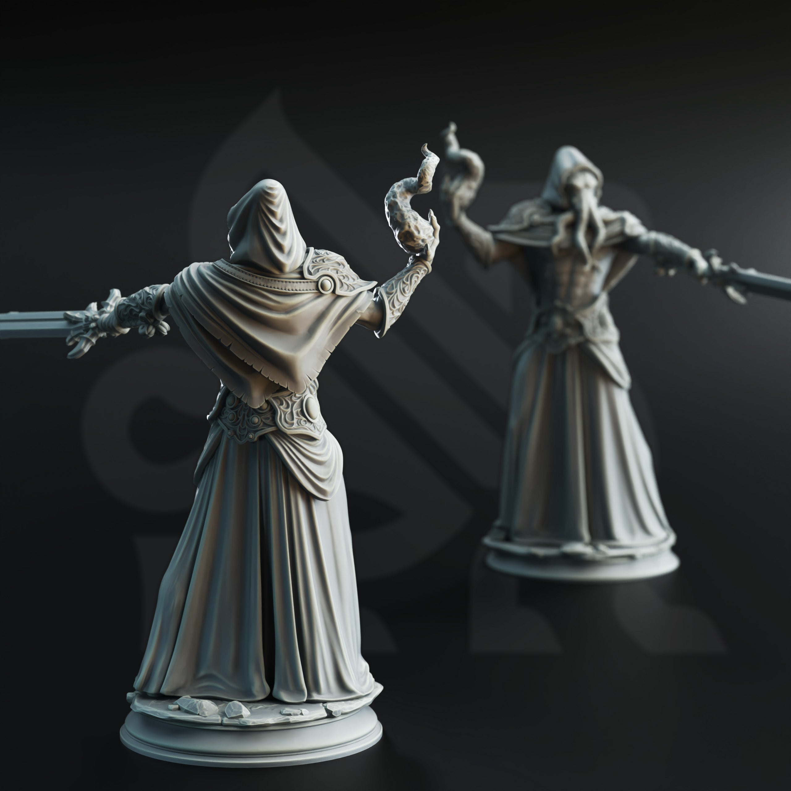 two statues of a person in a long robe, one holding a staff and the other a scroll, set against a dark background.