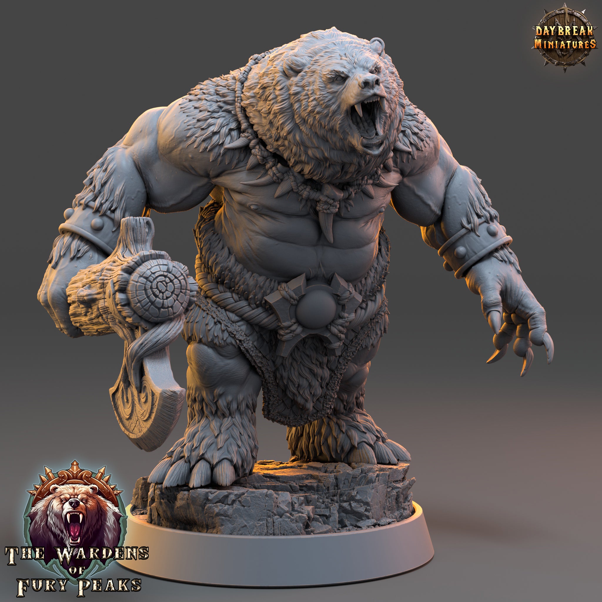 A detailed 3D model of a fierce-looking bear-like creature, possibly a fantasy monster or a character from a video game. The creature has a fierce expression, with sharp teeth and claws, and is holding a weapon in its hands. The image is set against a dark background, which emphasizes the bear-like creature and its imposing presence.