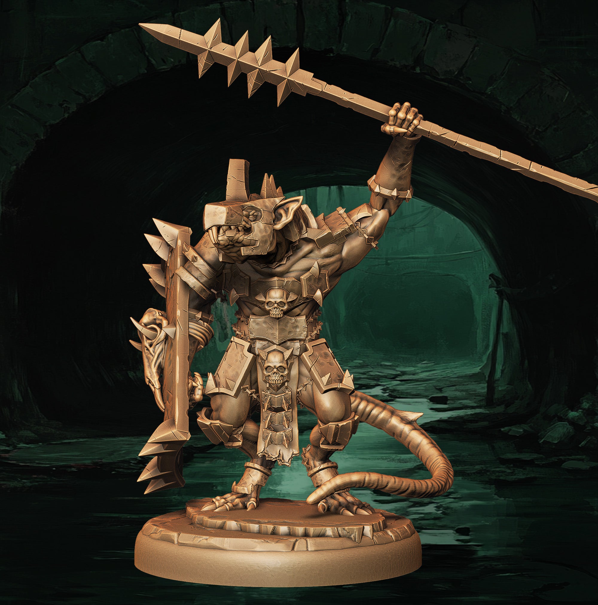 a statue of a demon holding a wooden stick