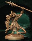a statue of a demon holding a wooden stick