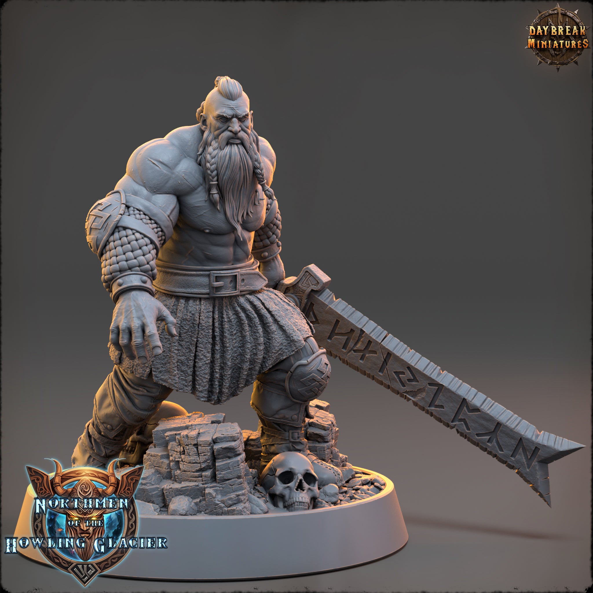 A detailed 3D model of a muscular, bearded dwarf warrior wielding a large sword, standing on a base with a skull and other elements.