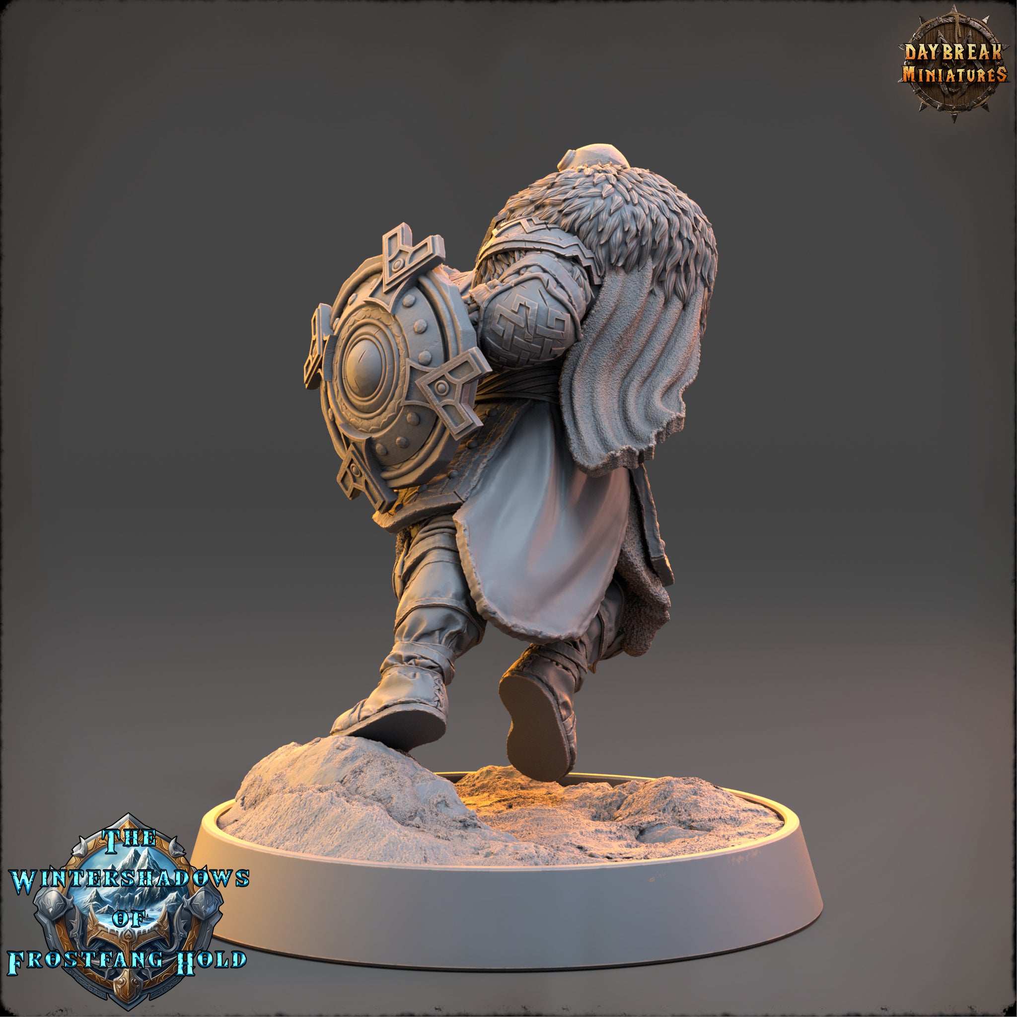 A 3D model of a fantasy character, possibly a dwarf or elf, standing on a platform and holding a shield. The character appears to be wearing a fur-trimmed cloak and has a large, ornate shield on their back. The image is described as a collage of multiple images, and it is not a single image but a collection of various images.