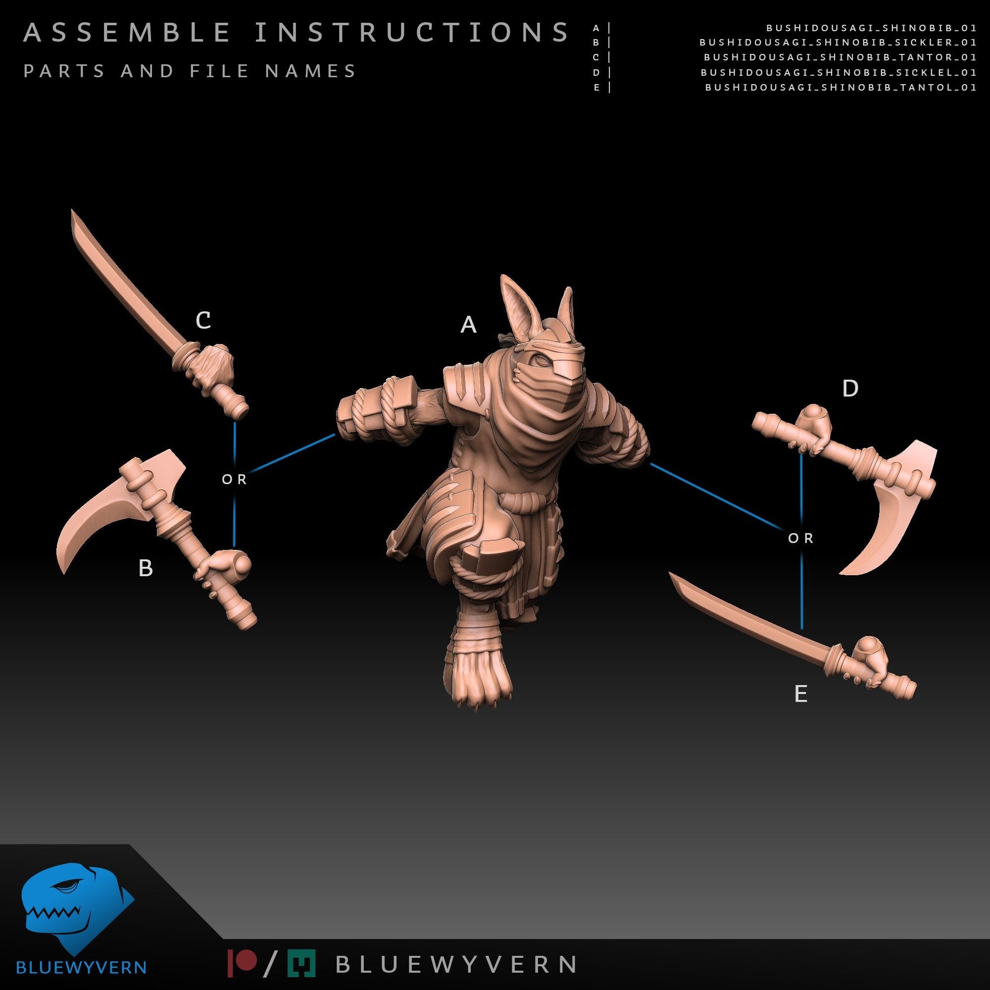 Rabbit Shinobi - Bushido Usagi - 3d Printed Miniature by Blue Wyvern