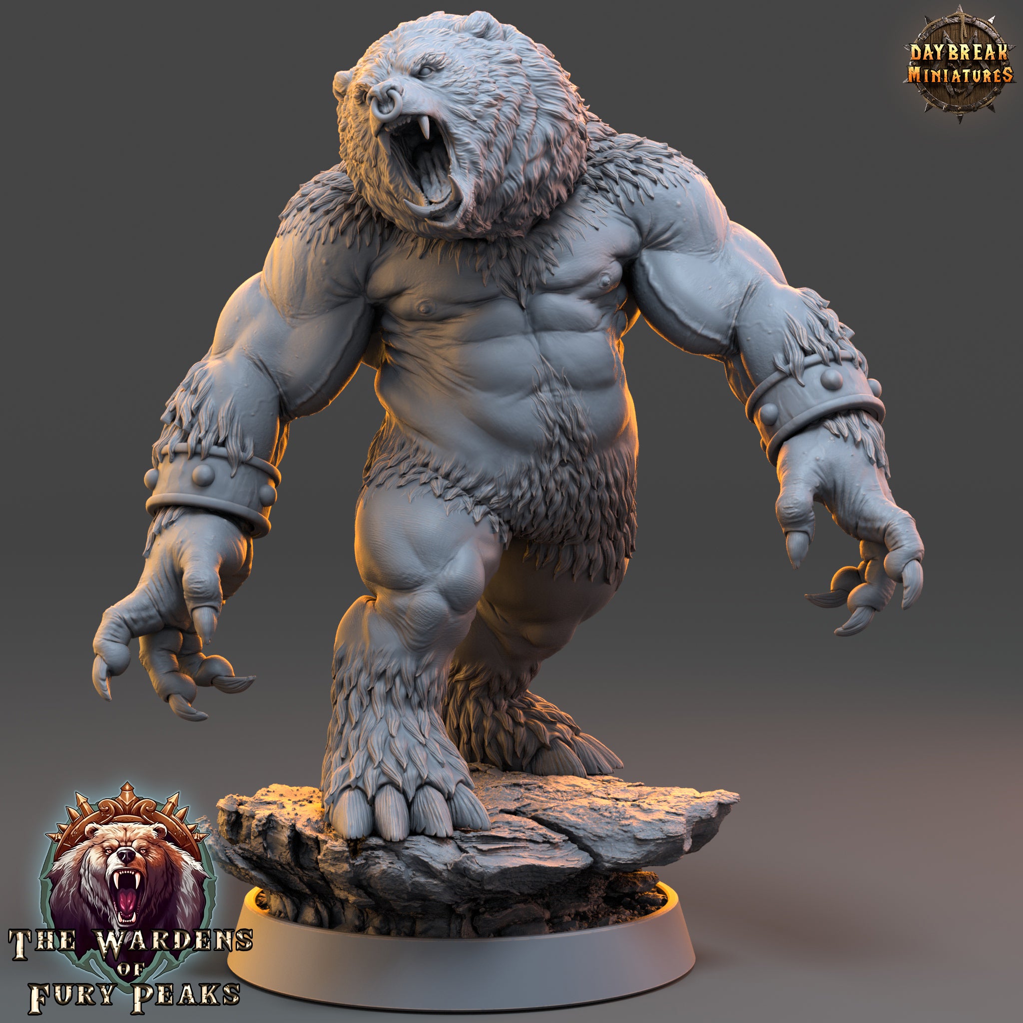 A 3D model of a fierce-looking bear with a muscular build and sharp teeth, standing on a rock formation.