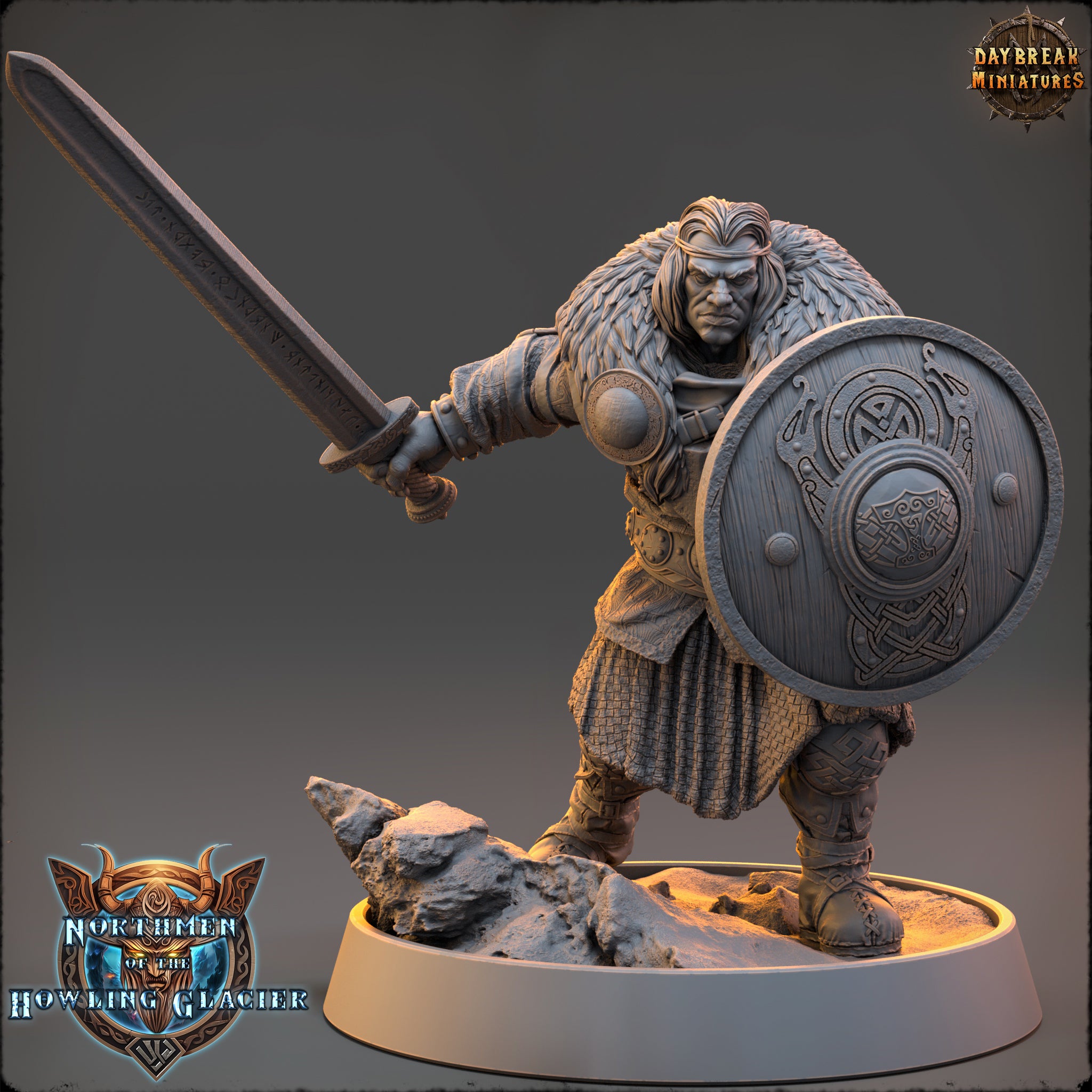 A detailed 3D model of a warrior figure, wearing a fur-trimmed helmet and armor, holding a sword and shield. The figure is standing on a rocky base and appears to be in a fighting stance.