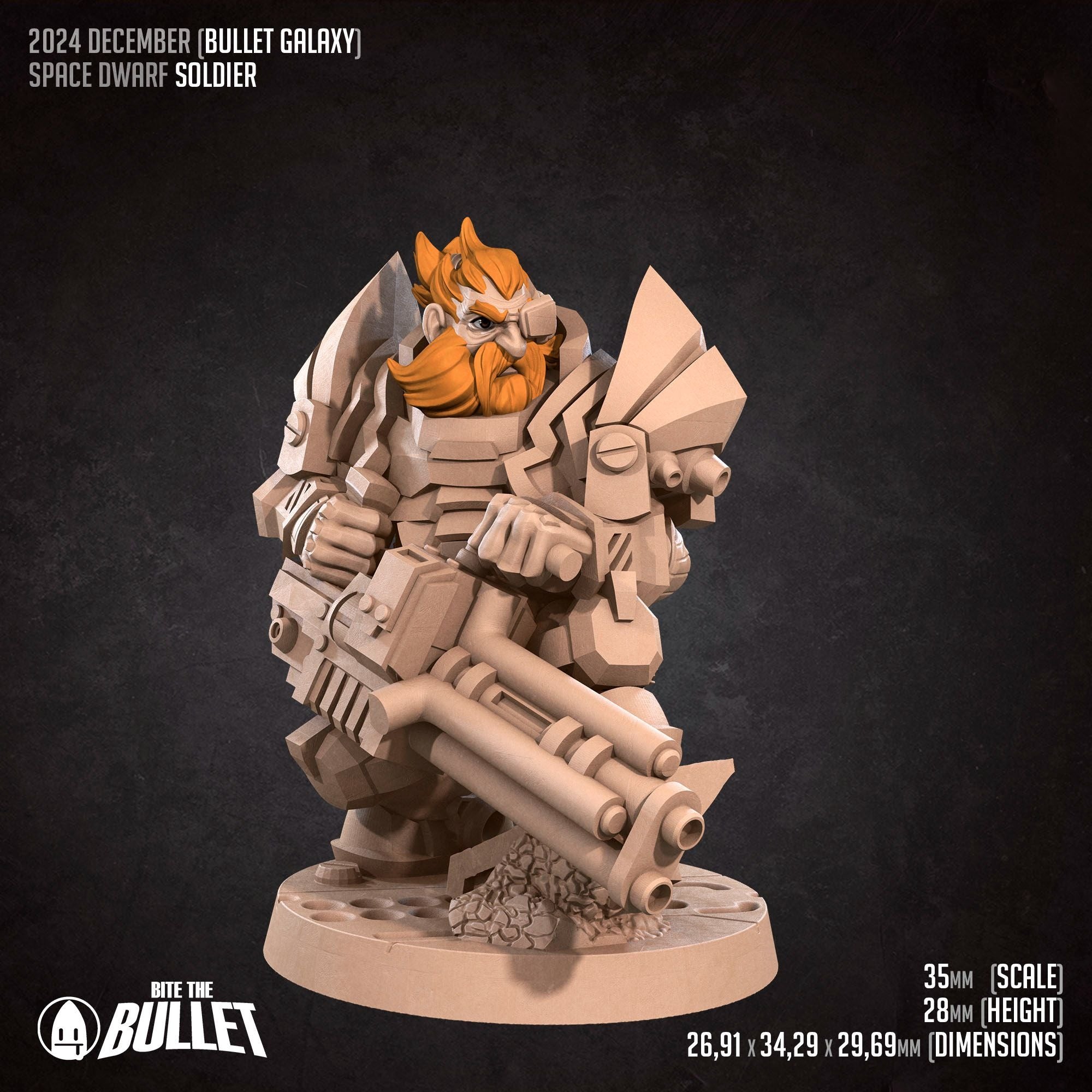Space Dwarf Soldier - Bullet Galaxy - 3d Printed Miniature sculpted by Bite the Bullet